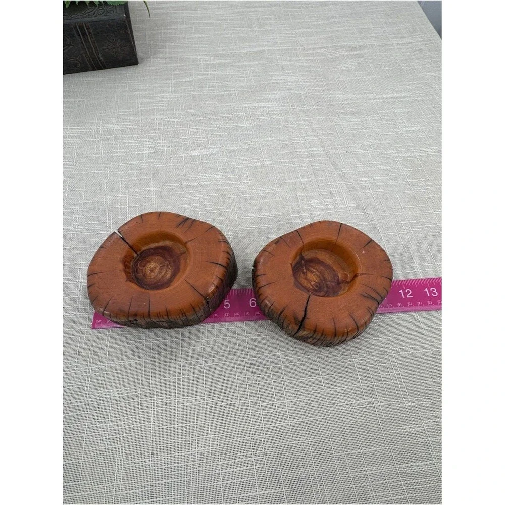 Vintage Hand Turned Natural Wood Log Votive Candle Holders Rustic Cabin Decor